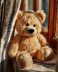 A soft brown teddy bear sitting with its back turned on a sunlit wooden floor. Warm and nostalgic, perfect for emotional storytelling, childhood memory, or quiet moments of reflection.