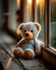 A soft brown teddy bear sitting with its back turned on a sunlit wooden floor. Warm and nostalgic, perfect for emotional storytelling, childhood memory, or quiet moments of reflection.