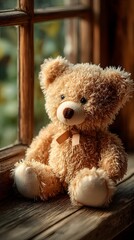 A soft brown teddy bear sitting with its back turned on a sunlit wooden floor. Warm and nostalgic, perfect for emotional storytelling, childhood memory, or quiet moments of reflection.