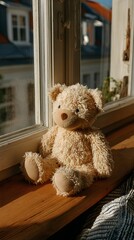 A soft brown teddy bear sitting with its back turned on a sunlit wooden floor. Warm and nostalgic, perfect for emotional storytelling, childhood memory, or quiet moments of reflection.
