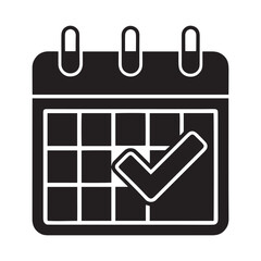 Black and White Calendar Icon with Check Mark for Completed Date