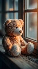 A soft brown teddy bear sitting with its back turned on a sunlit wooden floor. Warm and nostalgic, perfect for emotional storytelling, childhood memory, or quiet moments of reflection.
