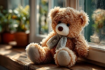 A soft brown teddy bear sitting with its back turned on a sunlit wooden floor. Warm and nostalgic, perfect for emotional storytelling, childhood memory, or quiet moments of reflection.