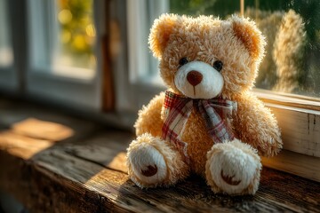 A soft brown teddy bear sitting with its back turned on a sunlit wooden floor. Warm and nostalgic, perfect for emotional storytelling, childhood memory, or quiet moments of reflection.