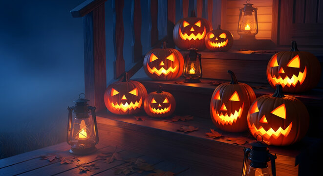 Illuminated jack o lanterns and lanterns adorn steps for a halloween celebration display scene outdoors