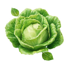 Fototapeta premium A single green cabbage with leaves around it and some leaves floating on a black background