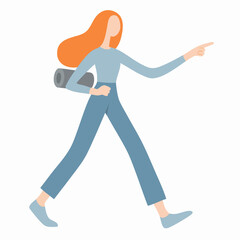 Flat Illustration of Red Haired Woman with Backpack Hiking Outdoor Activities