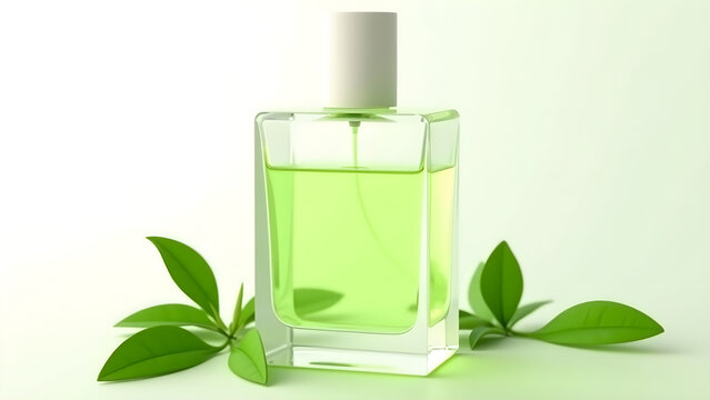 AI generated Perfume glass  bottle with green essence isolated on white background with fresh green tea leaves. Stylish cosmetic mockup or advertising banner, copy space.