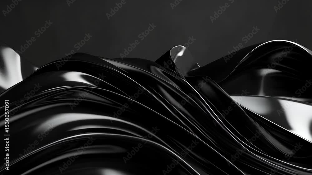 Poster abstract black wavy surface with smooth folds and reflective highlights, creating a sense of eleganc