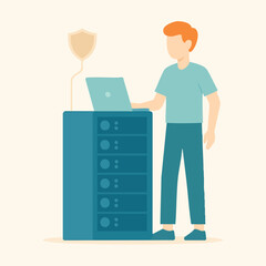Flat Illustration Young Man Maintaining Server Data With Laptop