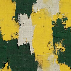 A highly detailed, seamless, and tileable texture of an abstract painting on canvas with bold, distressed blocks of yellow, dark green, and off-white, showing visible brushstrokes and paint peeling.
