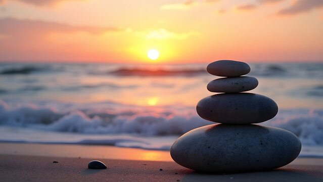 Stones on the beach at sunset with gentle waves