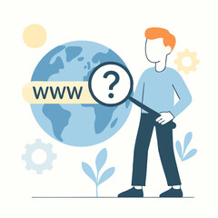 Cartoon Character Searching on Internet with Globe and Magnifying Glass Illustration