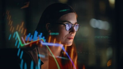 Stock market trader working hologram night closeup. Diagrams projected on face - Powered by Adobe