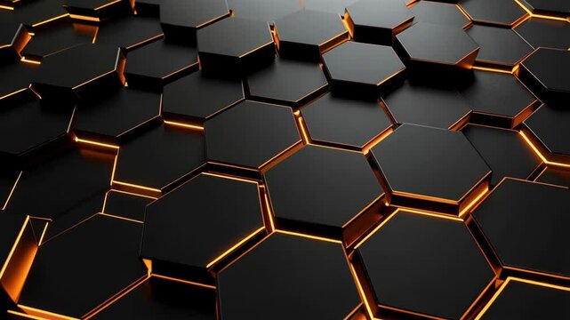 Abstract dark background of 3D rendering black hexagons with orange neon glowing underneath a futuristic honeycomb pattern creating a geometric texture.