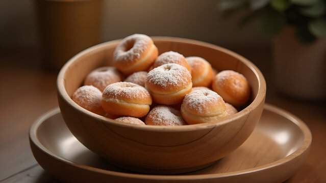 Round donuts with sugar in a wooden bowl ready for serving in cozy kitchen