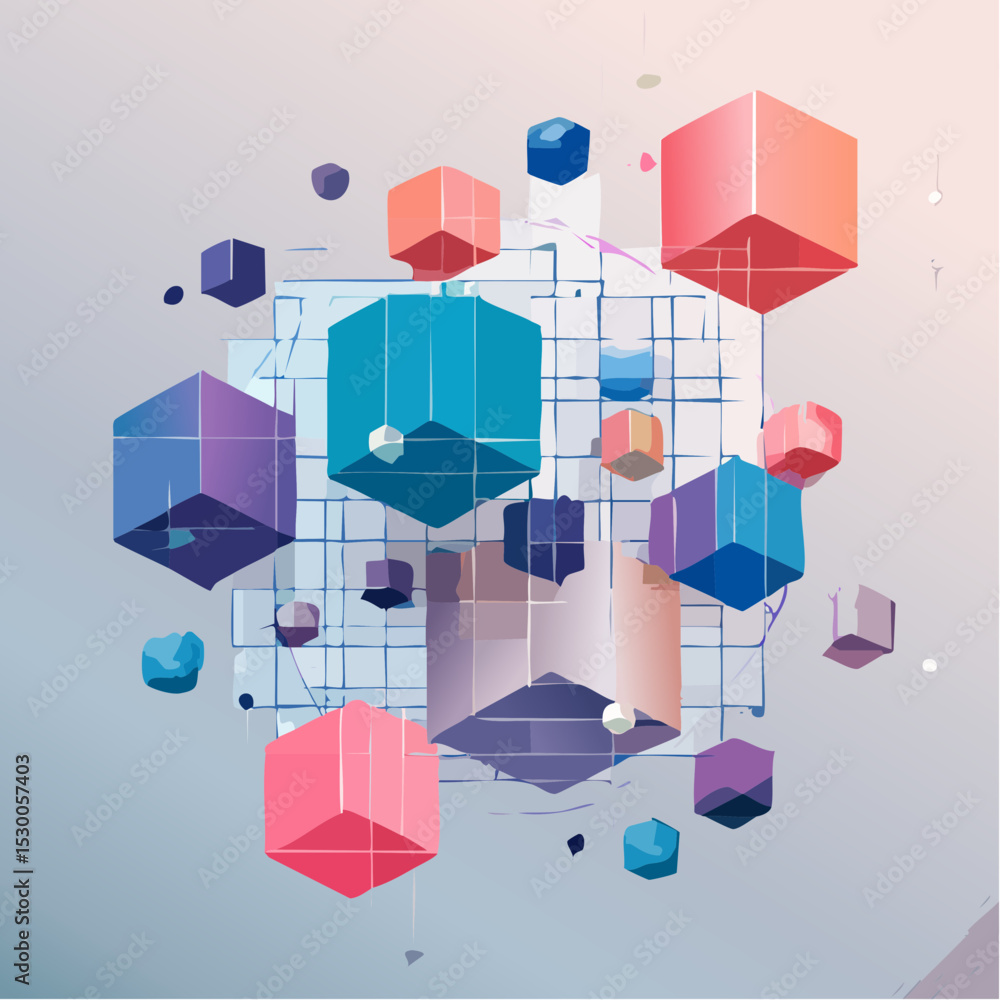 Aufkleber intersecting arch-shaped blocks in rose, aqua, and slate with floating spheres and clean grid accent