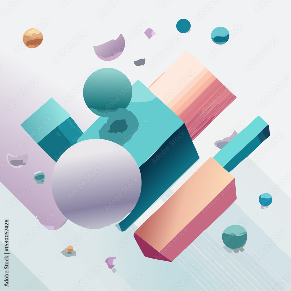 Poster bent tubular blocks in elegant muted colors with floating spheres and fine grid details.