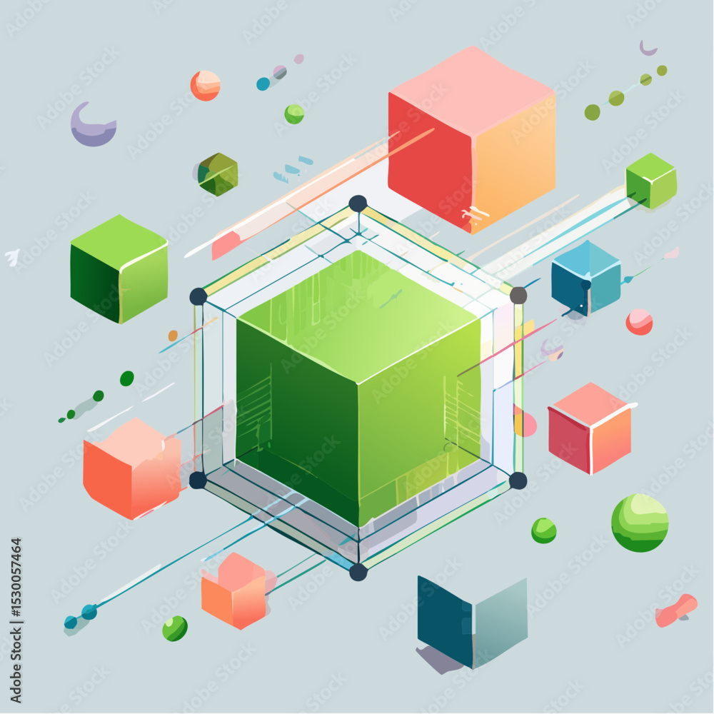 Poster abstract composition with angled wedge blocks and spheres in a clean, grid-lined white space.