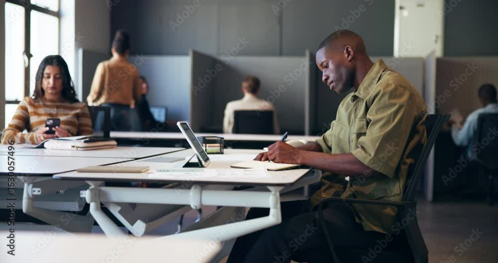 Poster writing, tablet and business man in office with notes for seo research, project review and report. c