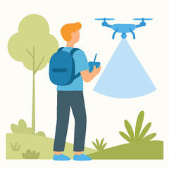Flat Illustration Man Flying Drone with Remote Control Outdoors Adventure