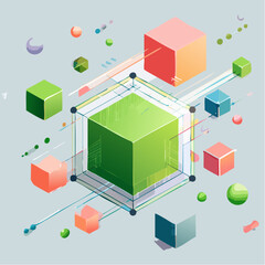 Fototapeta premium Abstract composition with angled wedge blocks and spheres in a clean, grid-lined white space.