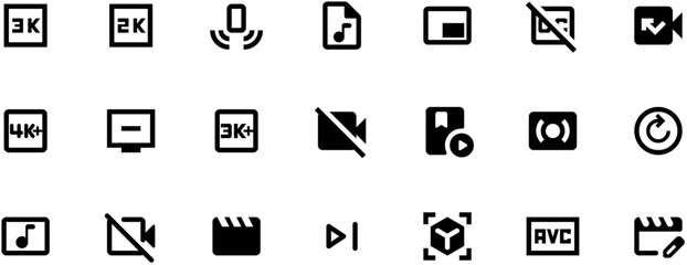 Vector icons set for video editing, black on white, including film strips, lenses, and design symbols, high-resolution professional vector graphics