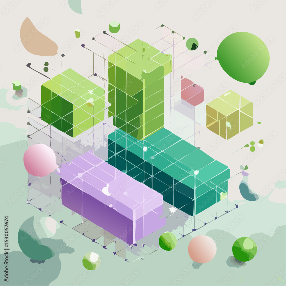 Aufkleber abstract vector with looped ribbons in soft neon shades and playful floating spheres.
