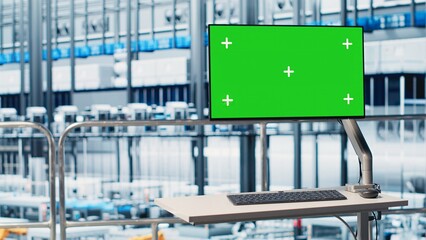 Chroma key monitor displaying industrial automation program overlooking industry 4.0 smart factory. Isolated screen display overseeing robotic arms, IoT connected machines and control system, close up