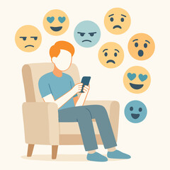 Flat Illustration Man Using Smartphone Surrounded by Emoji Icons