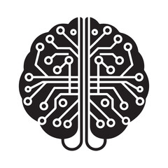 Black and White Brain Illustration Combining Organic and Circuit Elements