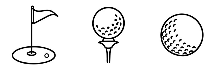 Golf equipment icons including flag, ball on tee, and golf ball, icons set, vector, International Golf Day    