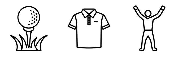Golf tee with golf ball, polo shirt, and golfer celebrating victory, icons set, vector, International Golf Day   