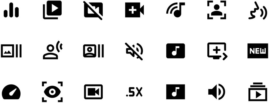 Minimalist black vector video player icons on white background, 256x256 pixels