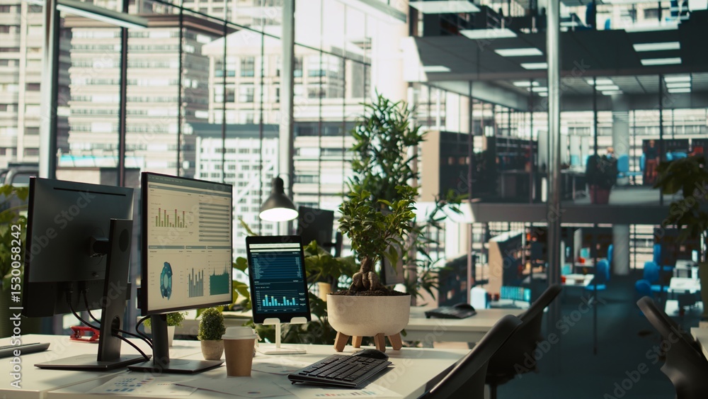 Aufkleber financial charts and kpi metrics on displays in office, panning shot. vibrant and collaborative mode
