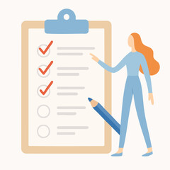 Flat Illustration Checklist with Woman and Pencil on Clipboard