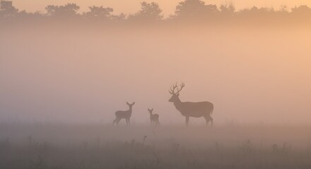 Deer Family in Foggy Meadow at Sunrise - Buck, Doe and Fawns in Misty Landscape