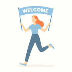 Flat Design Joyful Woman Running with Welcome Banner Illustration