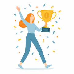 Flat Style Illustration of Woman Holding Golden Trophy Celebrating Achievement