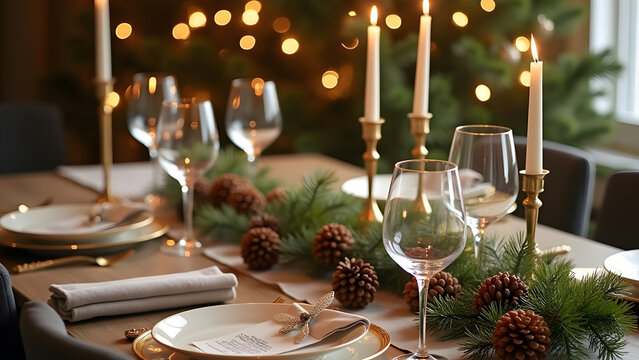 Elegant christmas table setting with pinecones and gold accents near decorated tree