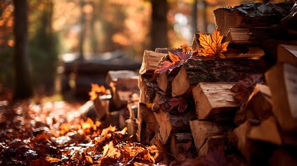 Autumnal Firewood Stack with Fallen Leaves in a Forest Ambiance Scene