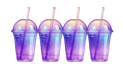 Row of four iridescent purple plastic cups with dome lids and clear straws