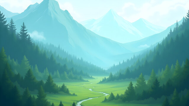 Misty Mountain Landscape with Lush Green Forest