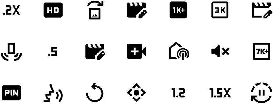 Black and white video editing icon set with film strip, speaker, camera, audio waveforms, settings button, and music note for lip-sync elements, featuring bold lines on solid background.