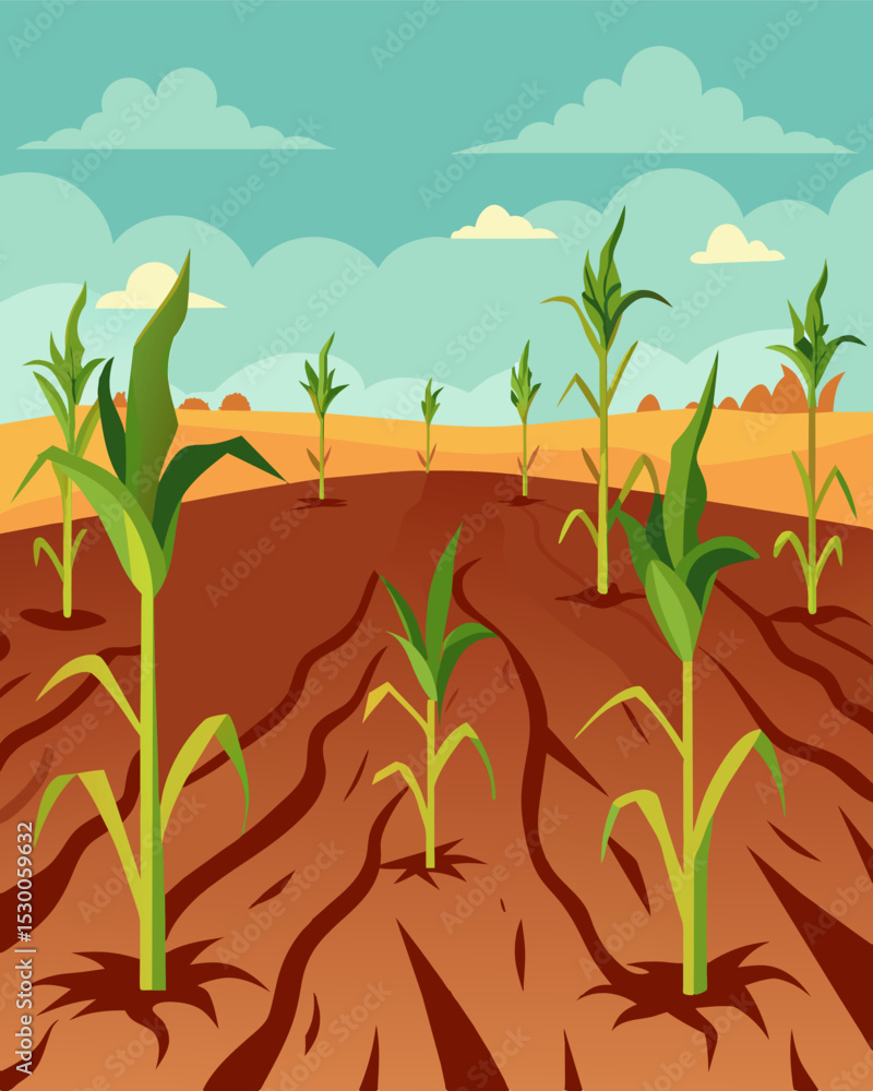 Poster a field with wilted crops due to overexploitation and unsustainable farming practices.. vector illus