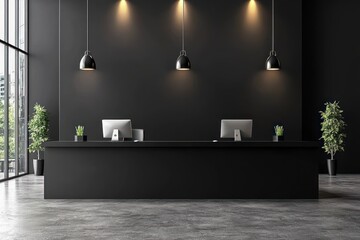 Sleek, modern reception area with a black reception desk, three pendant lights, potted plants, and large windows offering a city view