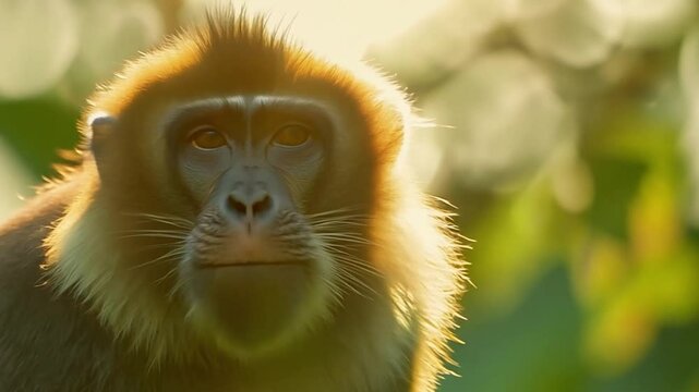 Contemplative monkey in golden sunlight displaying peaceful expression with soft focus natural forest background creating serene wildlife moment