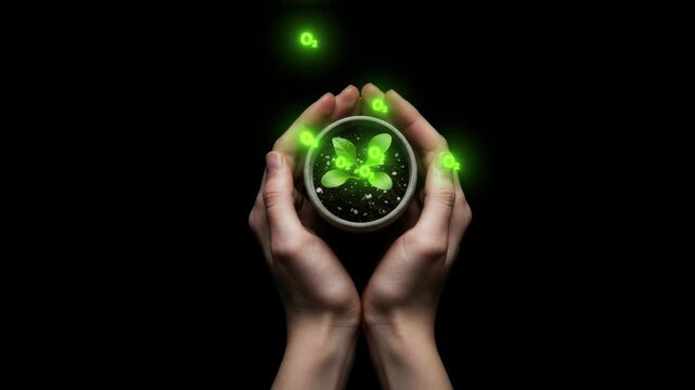 Hand Holding Small Plant Emitting O₂ | Clean Environment with AI Concept | Oxygen Molecules and Nature | Eco-Friendly Green Technology | Futuristic Sustainability Animation