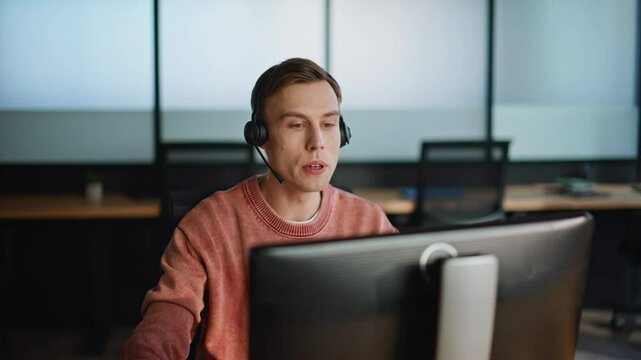 Technical support talk client in office. Man analyzing customer request hotline