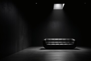 Sleek modern black couch illuminated by overhead light, minimalist interior, stark contrast, simple elegance, shadows and light interplay
